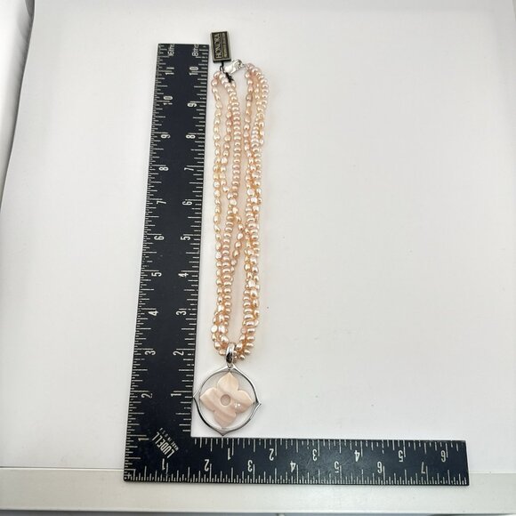 Honora Pearl Necklace Floral Flower Sterling Silver Pink Pendant Triple Strand - Picture 2 of 16